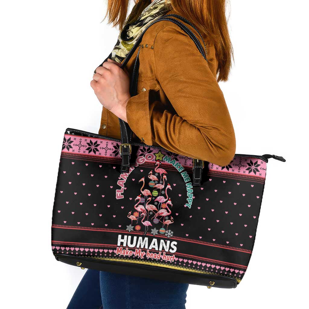 Flamingo Make Me Happy Christmas Tree Leather Tote Bag Human Make My Head Hurt - Wonder Print Shop