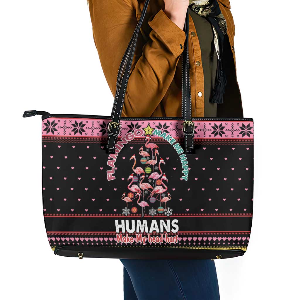 Flamingo Make Me Happy Christmas Tree Leather Tote Bag Human Make My Head Hurt - Wonder Print Shop