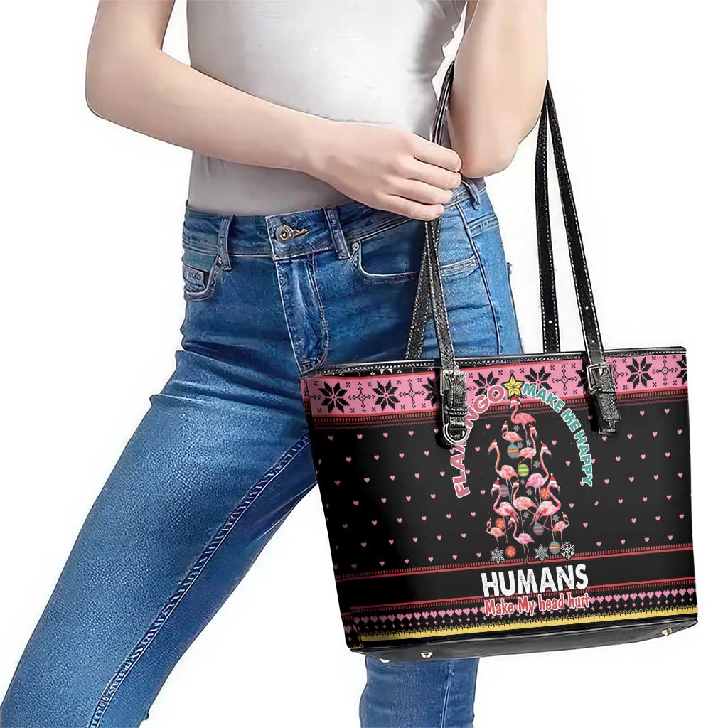 Flamingo Make Me Happy Christmas Tree Leather Tote Bag Human Make My Head Hurt - Wonder Print Shop