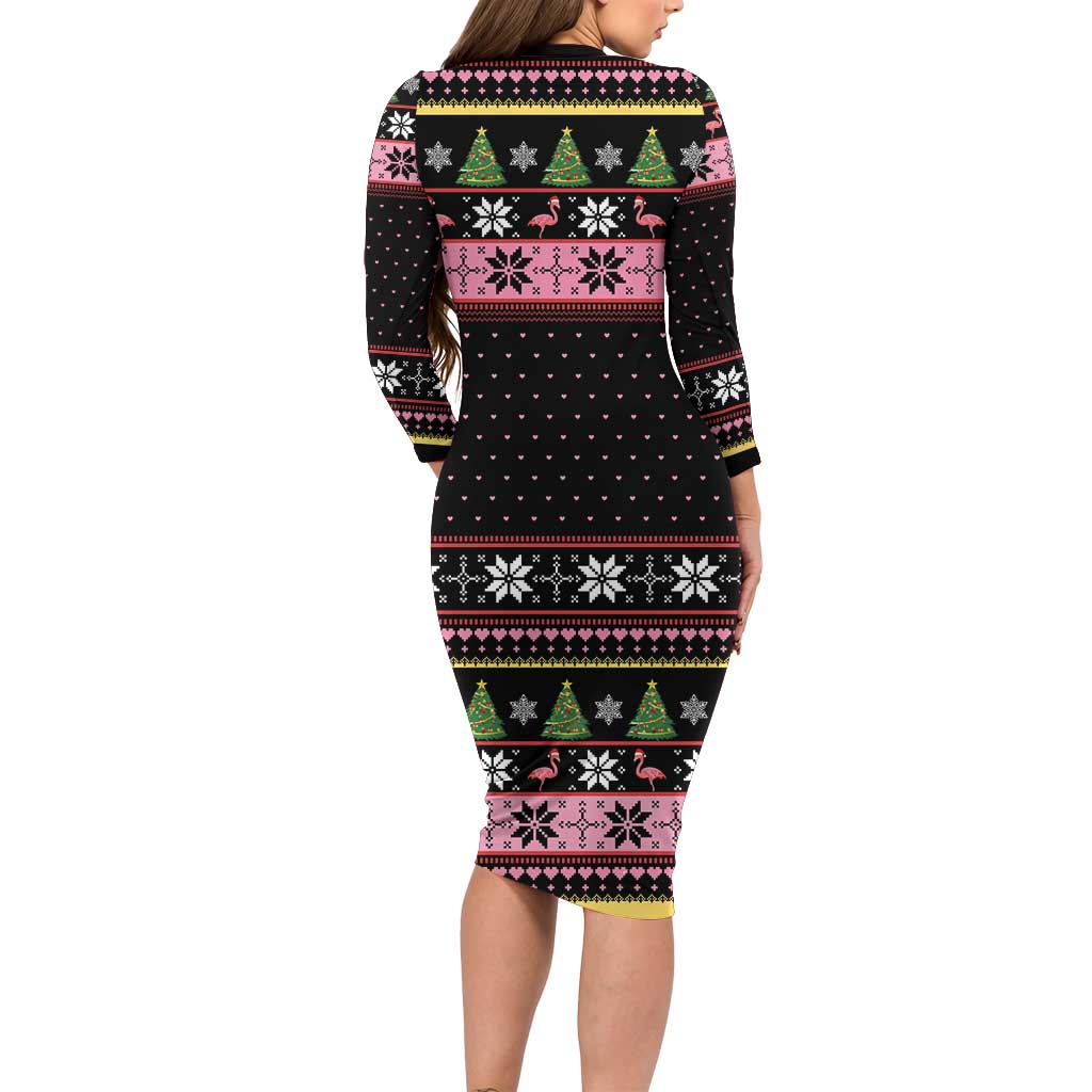 Flamingo Make Me Happy Christmas Tree Long Sleeve Bodycon Dress Human Make My Head Hurt - Wonder Print Shop