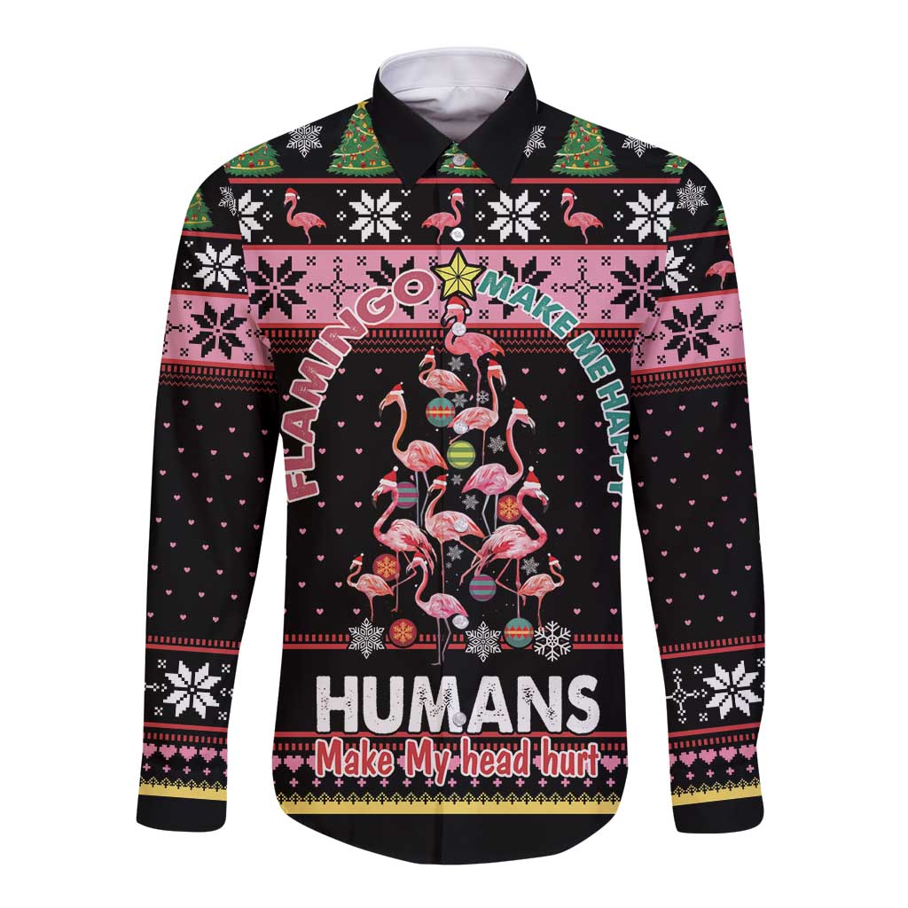 Flamingo Make Me Happy Christmas Tree Long Sleeve Button Shirt Human Make My Head Hurt - Wonder Print Shop