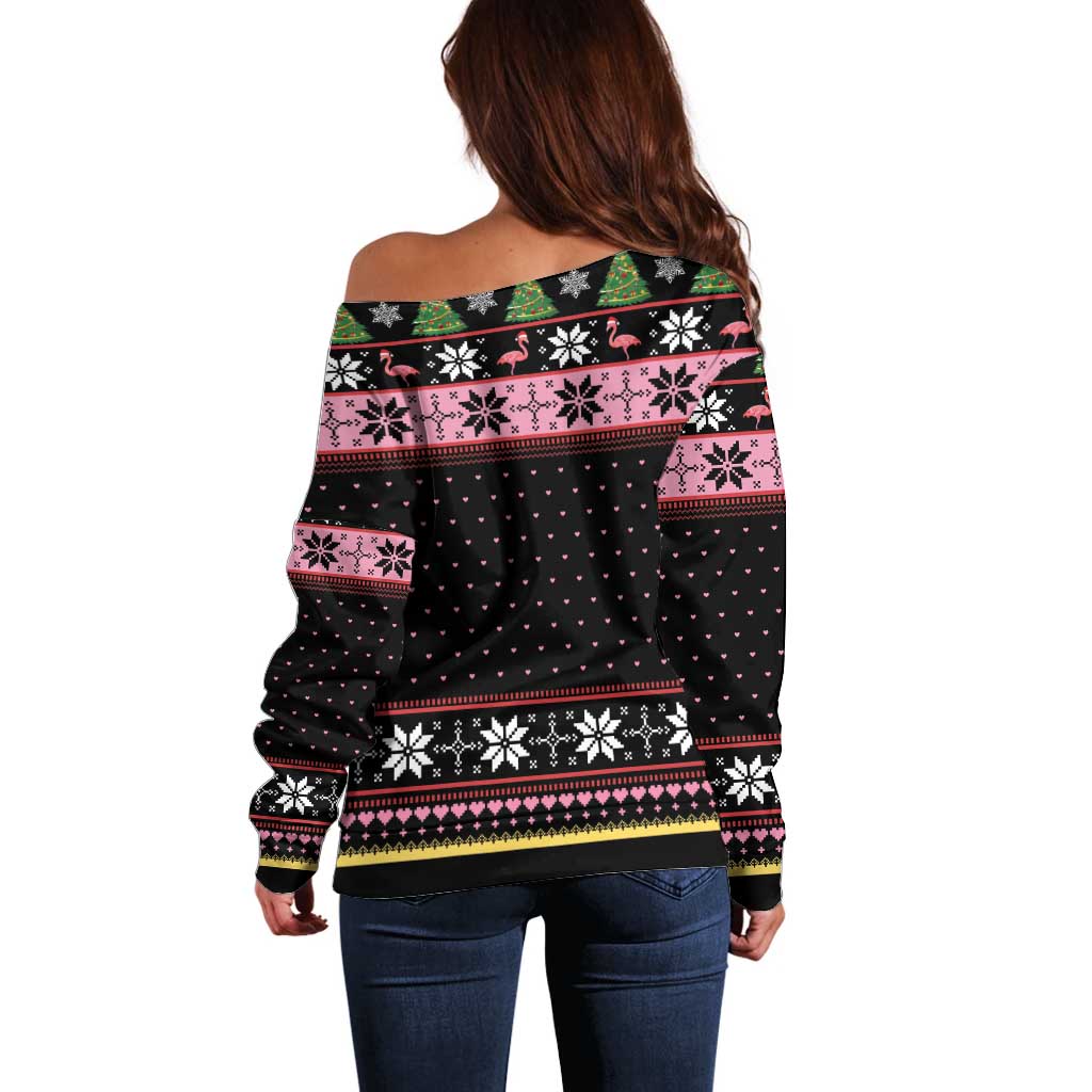 Flamingo Make Me Happy Christmas Tree Off Shoulder Sweater Human Make My Head Hurt - Wonder Print Shop