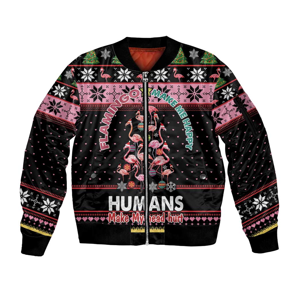 Flamingo Make Me Happy Christmas Tree Sleeve Zip Bomber Jacket Human Make My Head Hurt - Wonder Print Shop