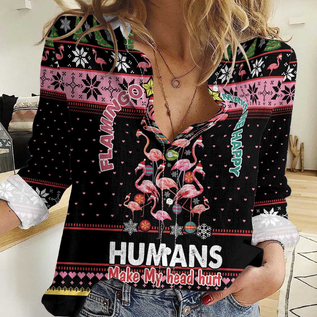 Flamingo Make Me Happy Christmas Tree Women Casual Shirt Human Make My Head Hurt - Wonder Print Shop