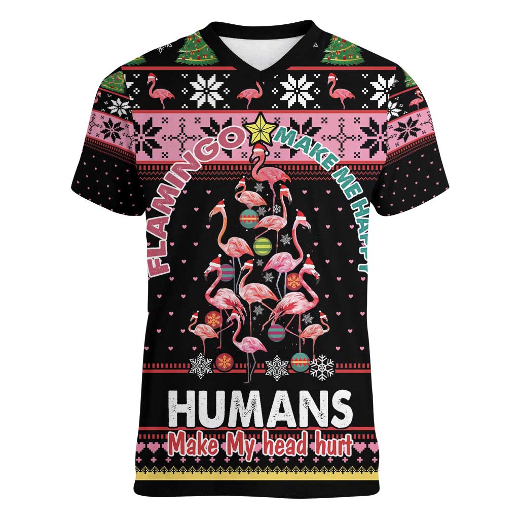 Flamingo Make Me Happy Christmas Tree Women V-Neck T-Shirt Human Make My Head Hurt - Wonder Print Shop