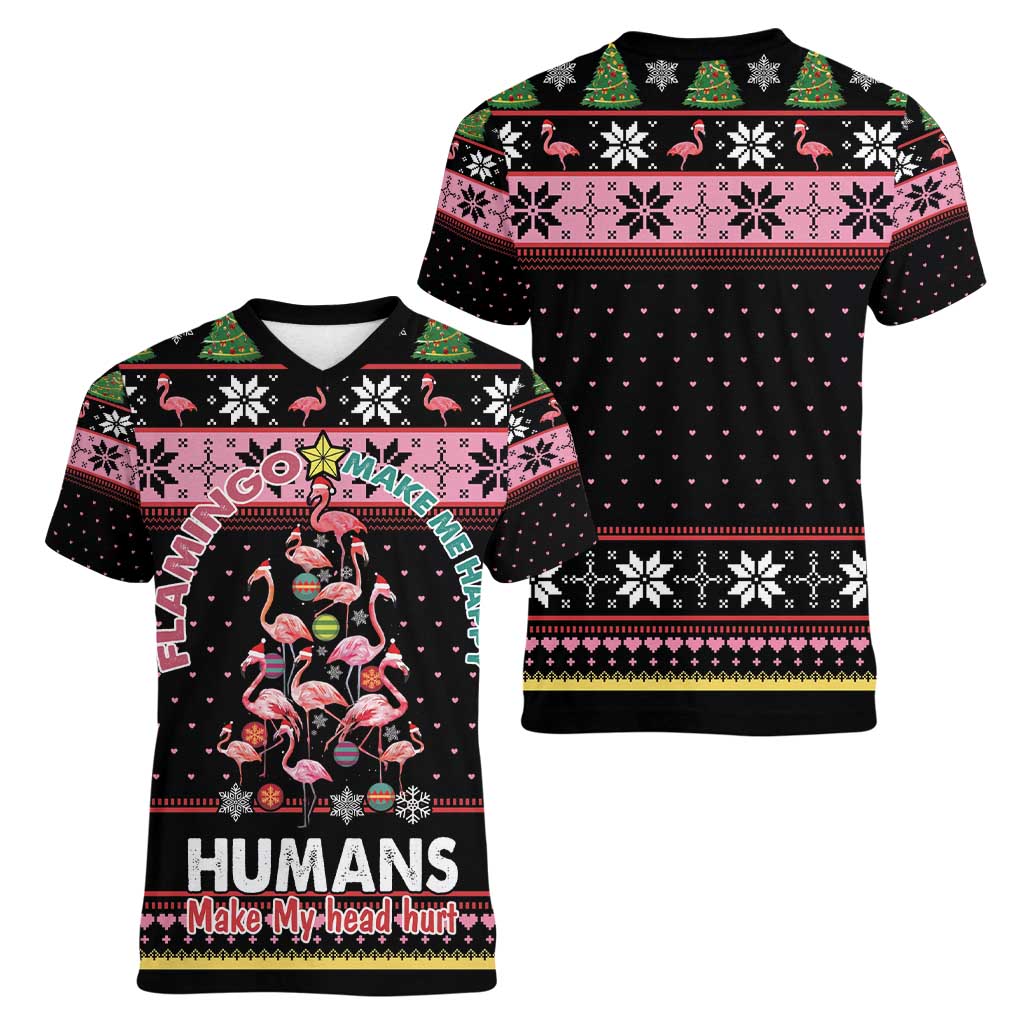 Flamingo Make Me Happy Christmas Tree Women V-Neck T-Shirt Human Make My Head Hurt - Wonder Print Shop