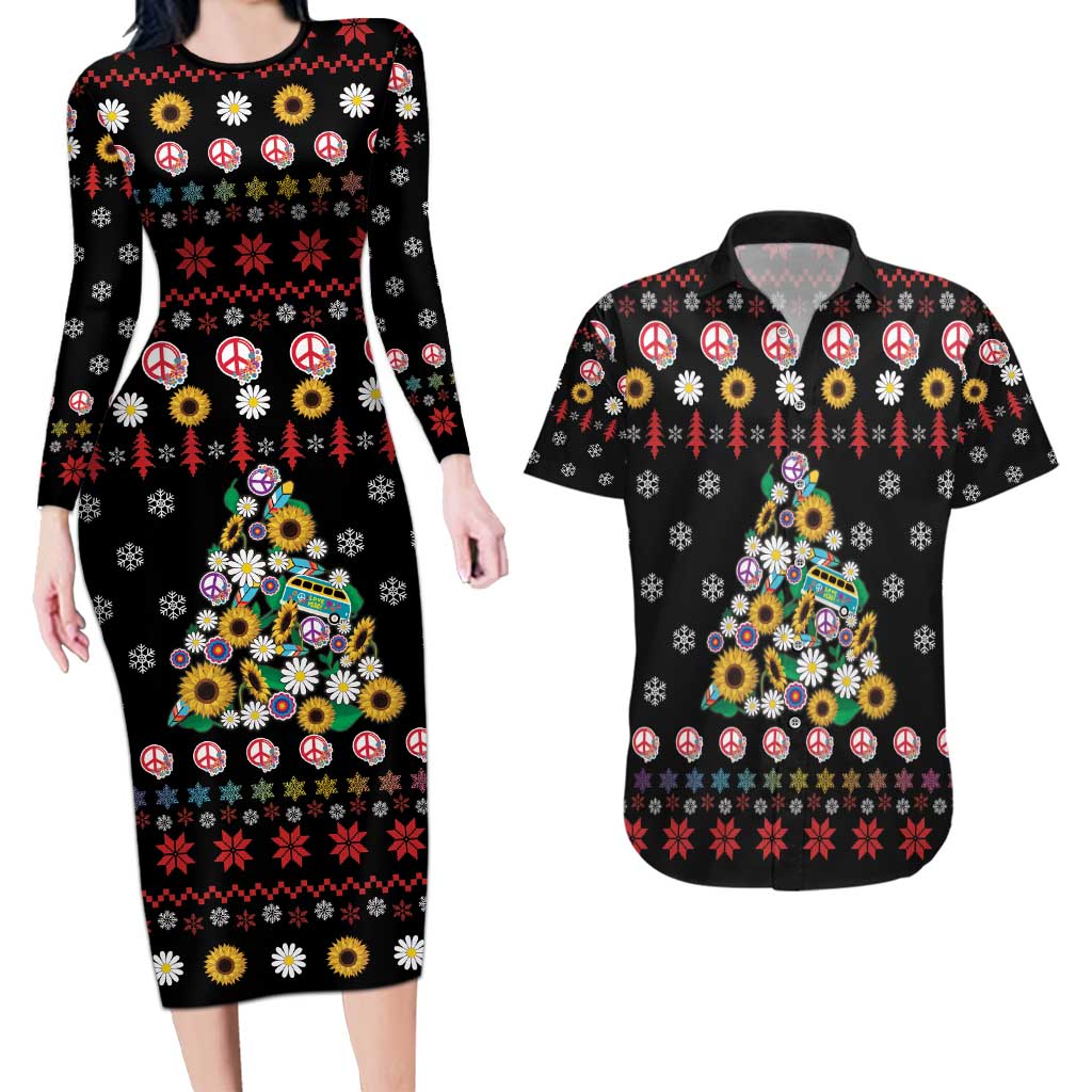 Hippie Xmas Couples Matching Long Sleeve Bodycon Dress and Hawaiian Shirt Hippie Flower Christmas Tree - Wonder Print Shop