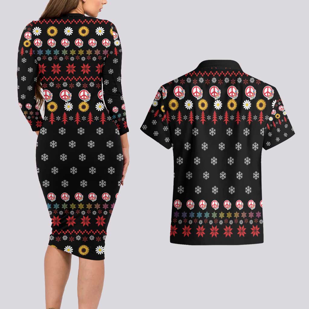 Hippie Xmas Couples Matching Long Sleeve Bodycon Dress and Hawaiian Shirt Hippie Flower Christmas Tree - Wonder Print Shop