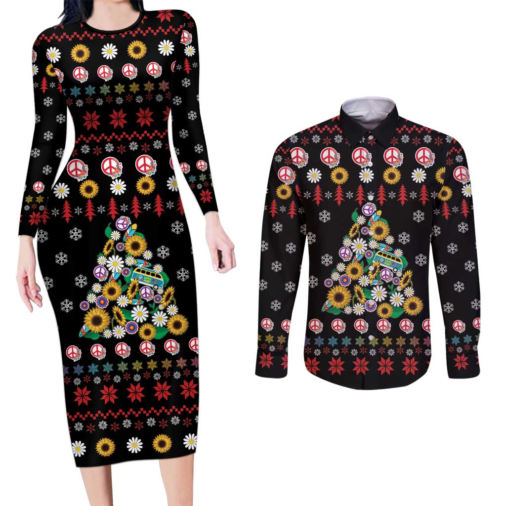 Hippie Xmas Couples Matching Long Sleeve Bodycon Dress and Long Sleeve Button Shirt Hippie Flower Christmas Tree - Wonder Print Shop