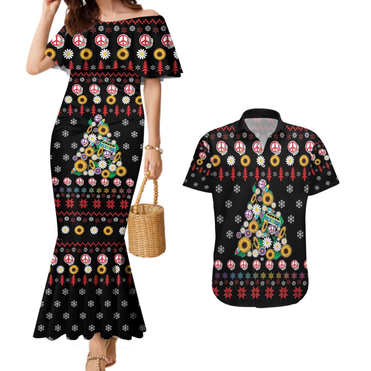 Hippie Xmas Couples Matching Mermaid Dress and Hawaiian Shirt Hippie Flower Christmas Tree - Wonder Print Shop