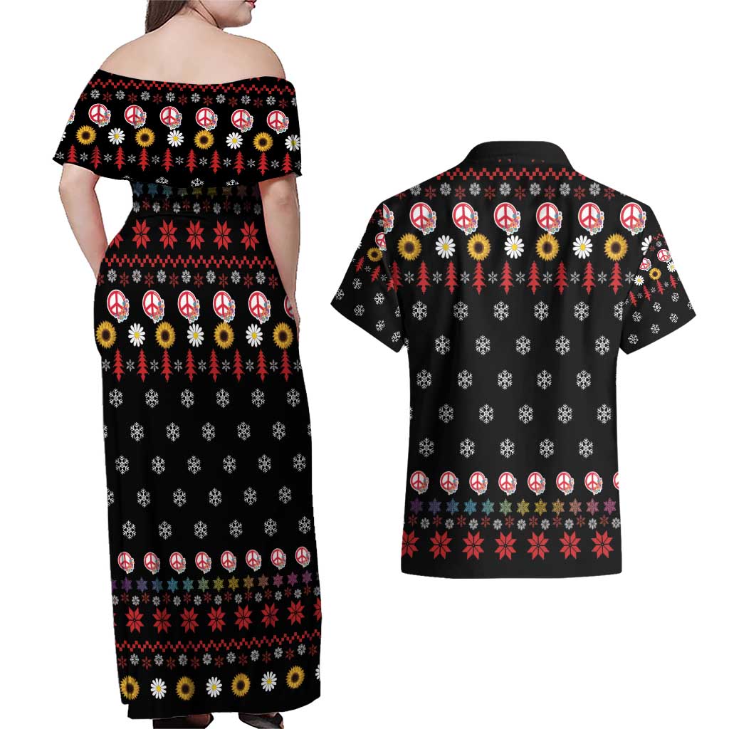 Hippie Xmas Couples Matching Off Shoulder Maxi Dress and Hawaiian Shirt Hippie Flower Christmas Tree - Wonder Print Shop
