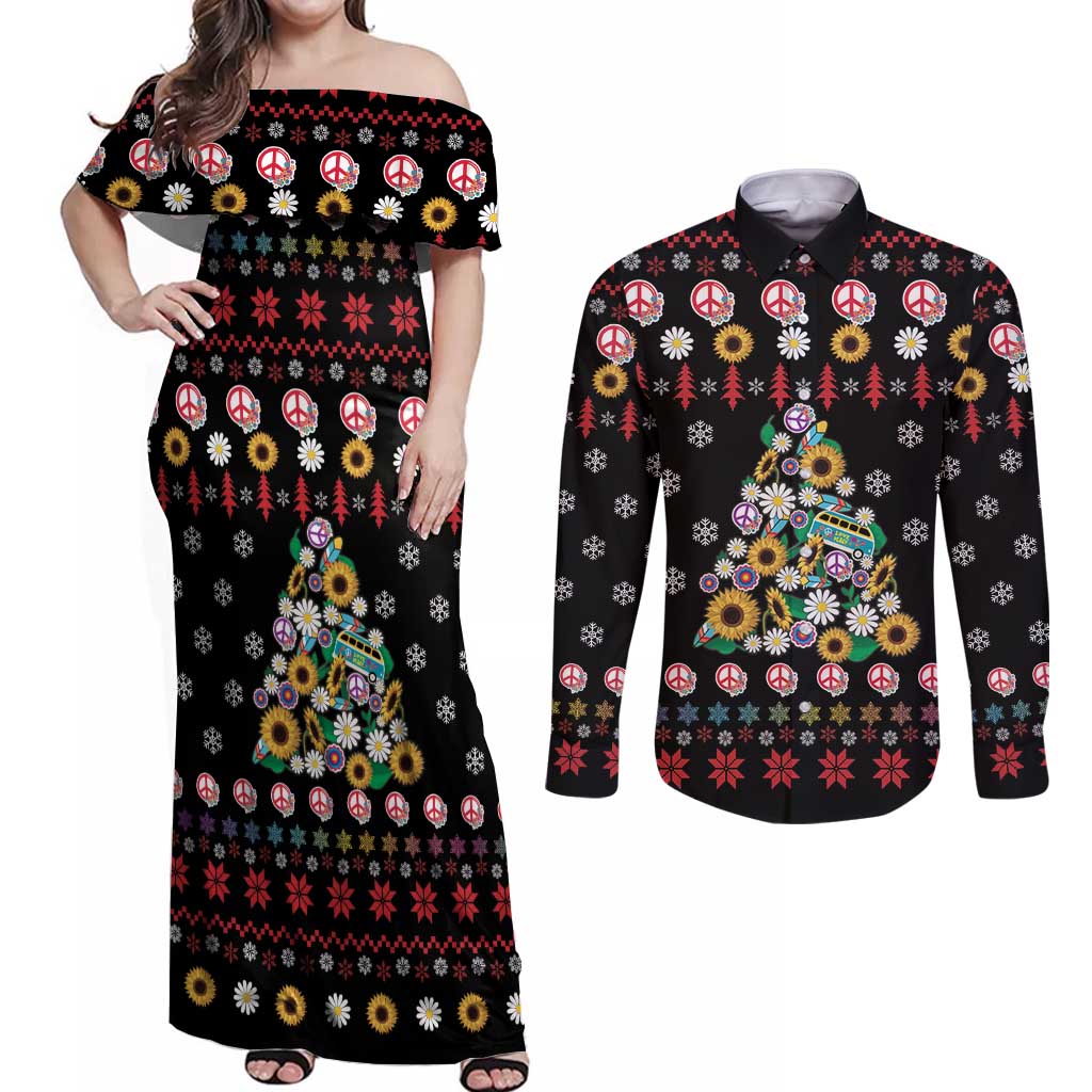Hippie Xmas Couples Matching Off Shoulder Maxi Dress and Long Sleeve Button Shirt Hippie Flower Christmas Tree - Wonder Print Shop