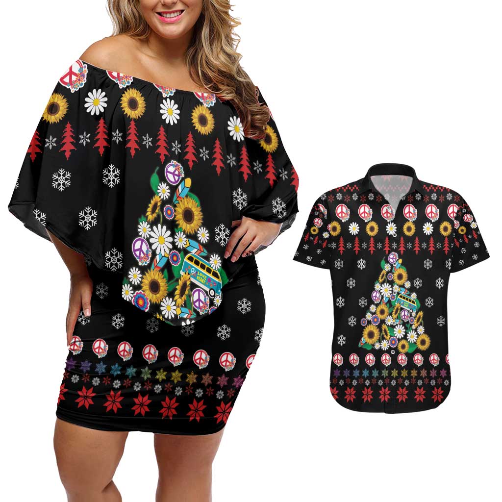 Hippie Xmas Couples Matching Off Shoulder Short Dress and Hawaiian Shirt Hippie Flower Christmas Tree - Wonder Print Shop
