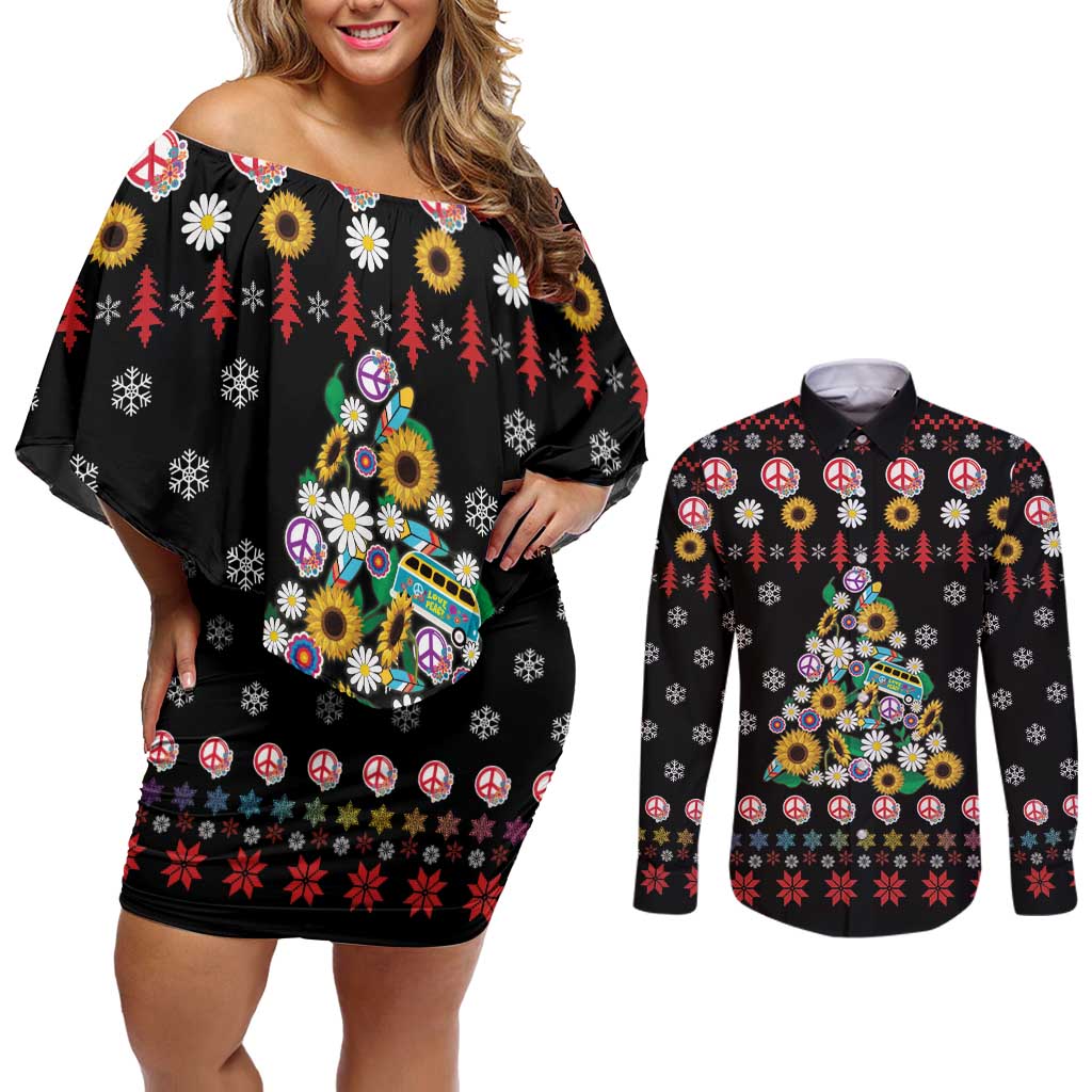 Hippie Xmas Couples Matching Off Shoulder Short Dress and Long Sleeve Button Shirt Hippie Flower Christmas Tree - Wonder Print Shop