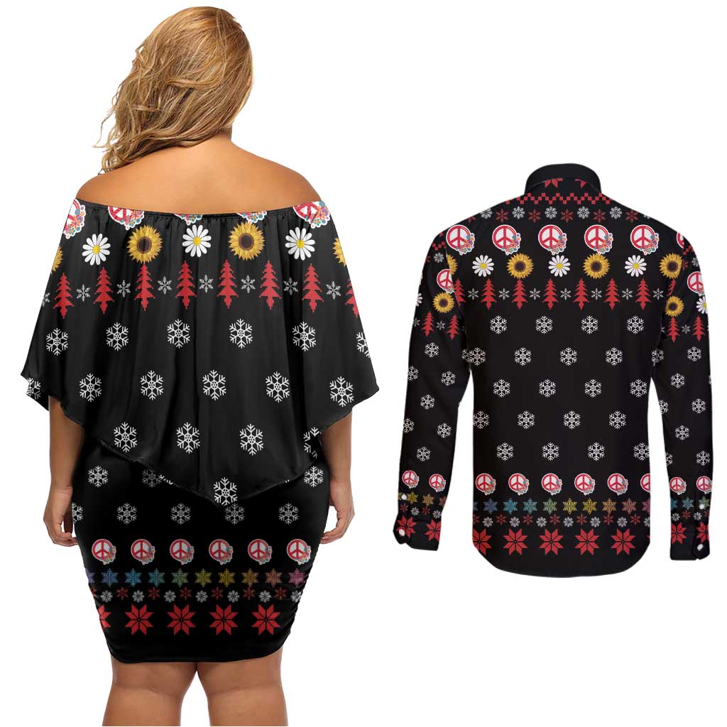 Hippie Xmas Couples Matching Off Shoulder Short Dress and Long Sleeve Button Shirt Hippie Flower Christmas Tree - Wonder Print Shop