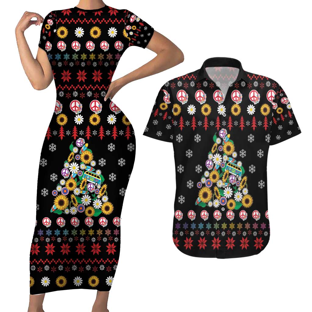 Hippie Xmas Couples Matching Short Sleeve Bodycon Dress and Hawaiian Shirt Hippie Flower Christmas Tree - Wonder Print Shop