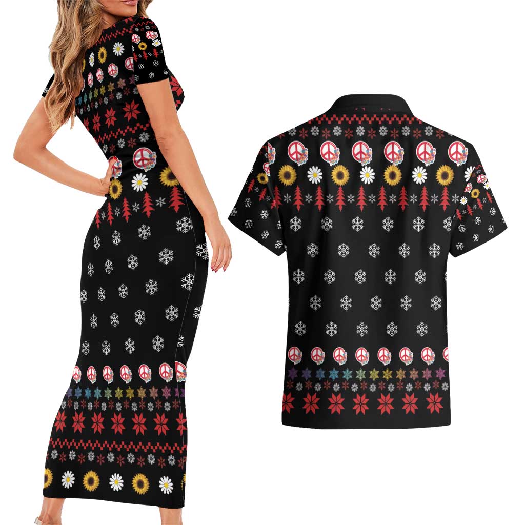 Hippie Xmas Couples Matching Short Sleeve Bodycon Dress and Hawaiian Shirt Hippie Flower Christmas Tree - Wonder Print Shop