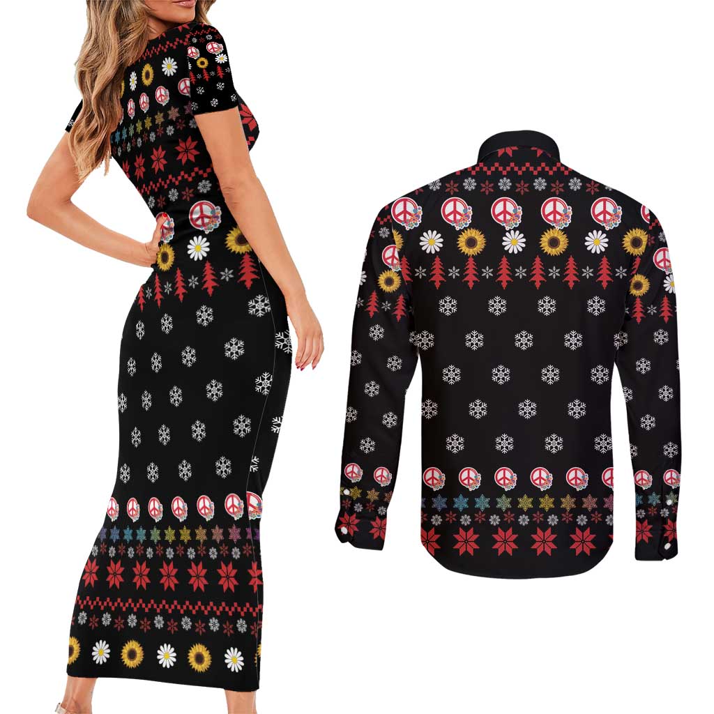 Hippie Xmas Couples Matching Short Sleeve Bodycon Dress and Long Sleeve Button Shirt Hippie Flower Christmas Tree - Wonder Print Shop