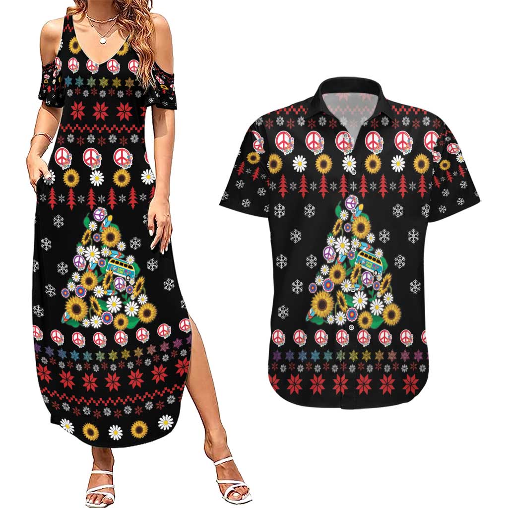 Hippie Xmas Couples Matching Summer Maxi Dress and Hawaiian Shirt Hippie Flower Christmas Tree - Wonder Print Shop