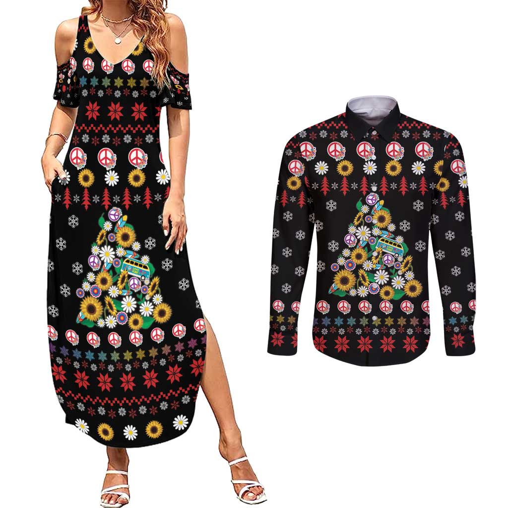 Hippie Xmas Couples Matching Summer Maxi Dress and Long Sleeve Button Shirt Hippie Flower Christmas Tree - Wonder Print Shop
