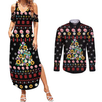 Hippie Xmas Couples Matching Summer Maxi Dress and Long Sleeve Button Shirt Hippie Flower Christmas Tree - Wonder Print Shop