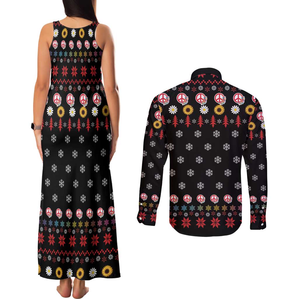 Hippie Xmas Couples Matching Tank Maxi Dress and Long Sleeve Button Shirt Hippie Flower Christmas Tree - Wonder Print Shop