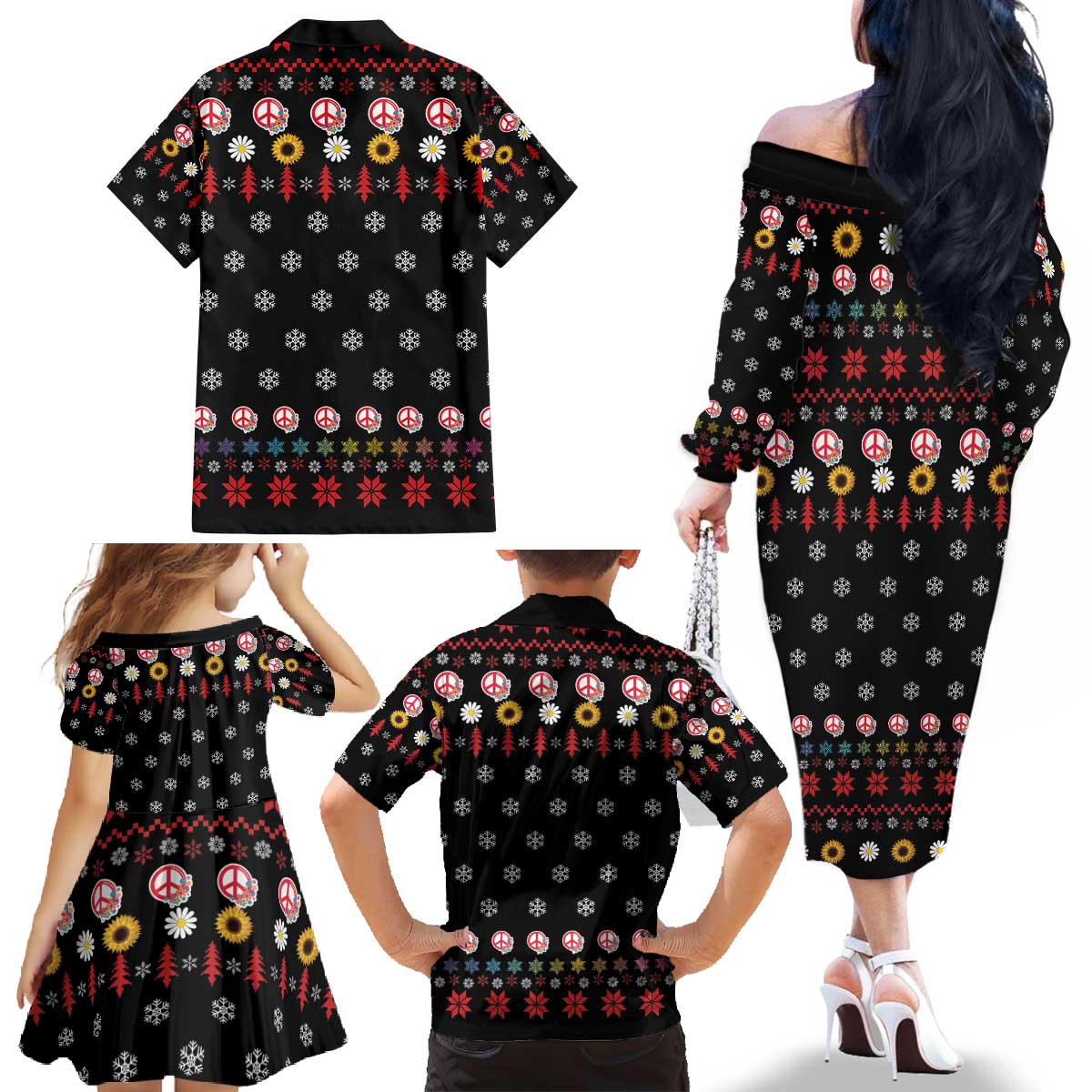 Hippie Xmas Family Matching Off The Shoulder Long Sleeve Dress and Hawaiian Shirt Hippie Flower Christmas Tree - Wonder Print Shop