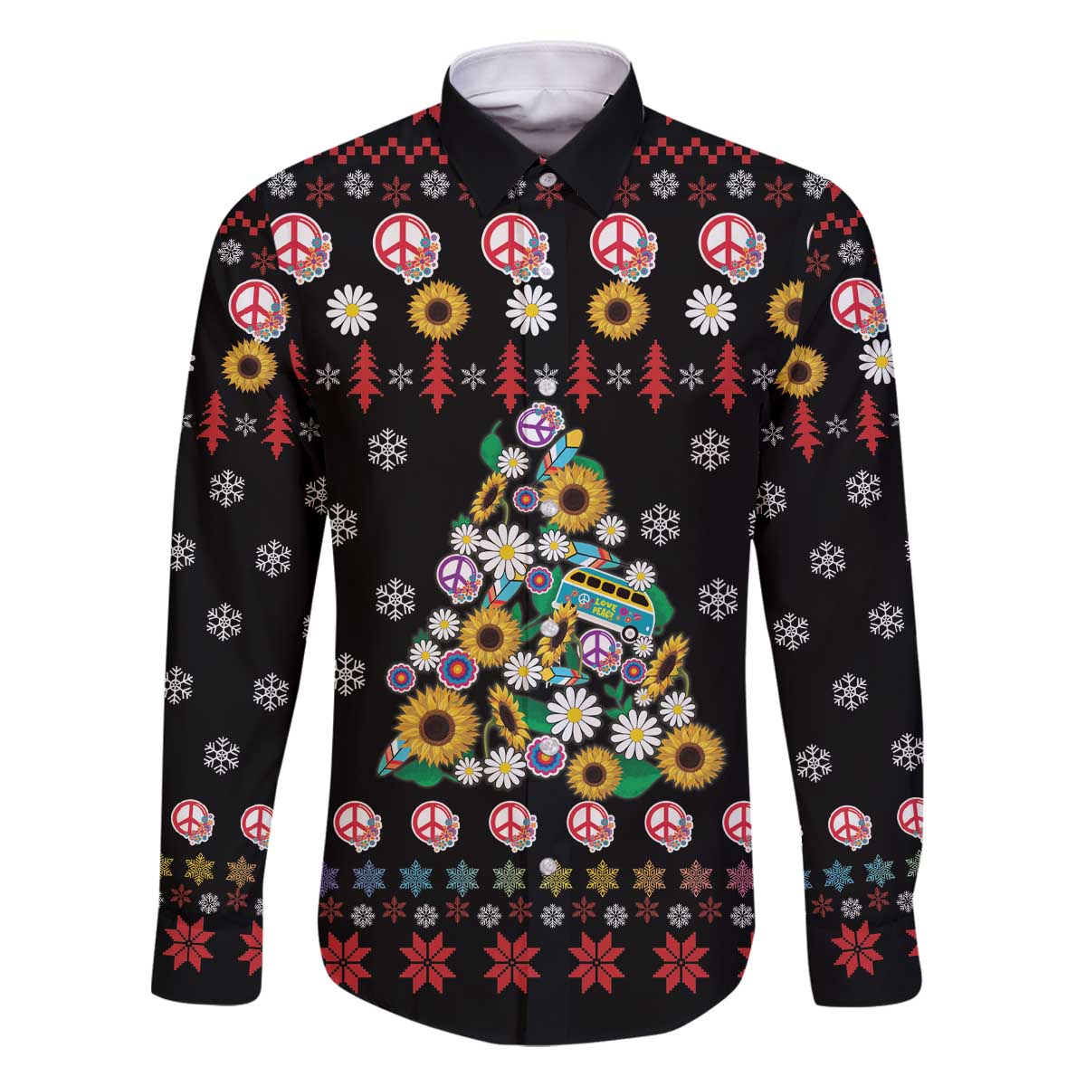 Hippie Xmas Family Matching Off The Shoulder Long Sleeve Dress and Hawaiian Shirt Hippie Flower Christmas Tree - Wonder Print Shop