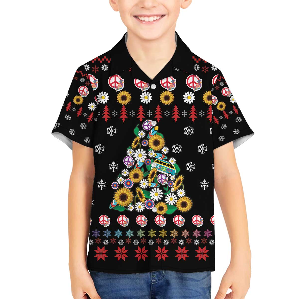 Hippie Xmas Family Matching Off The Shoulder Long Sleeve Dress and Hawaiian Shirt Hippie Flower Christmas Tree - Wonder Print Shop