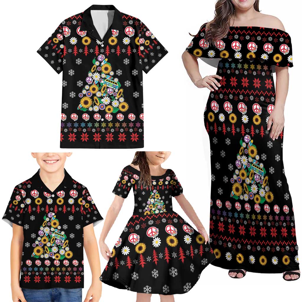 Hippie Xmas Family Matching Off Shoulder Maxi Dress and Hawaiian Shirt Hippie Flower Christmas Tree - Wonder Print Shop