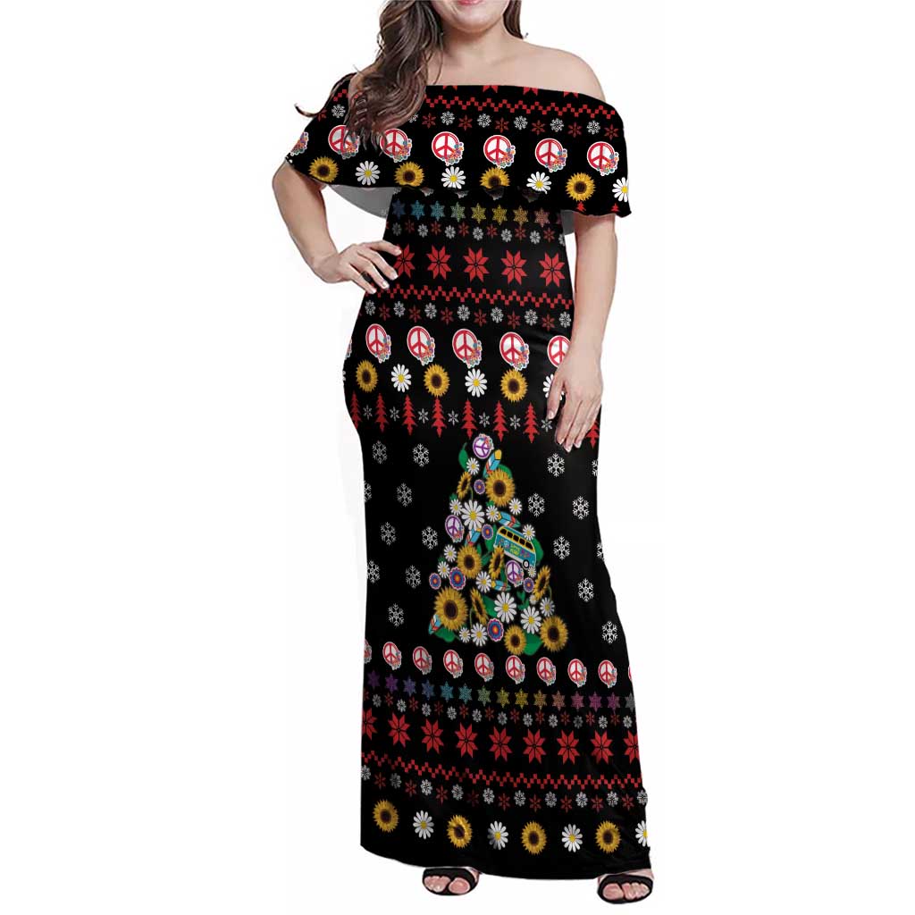 Hippie Xmas Family Matching Off Shoulder Maxi Dress and Hawaiian Shirt Hippie Flower Christmas Tree - Wonder Print Shop