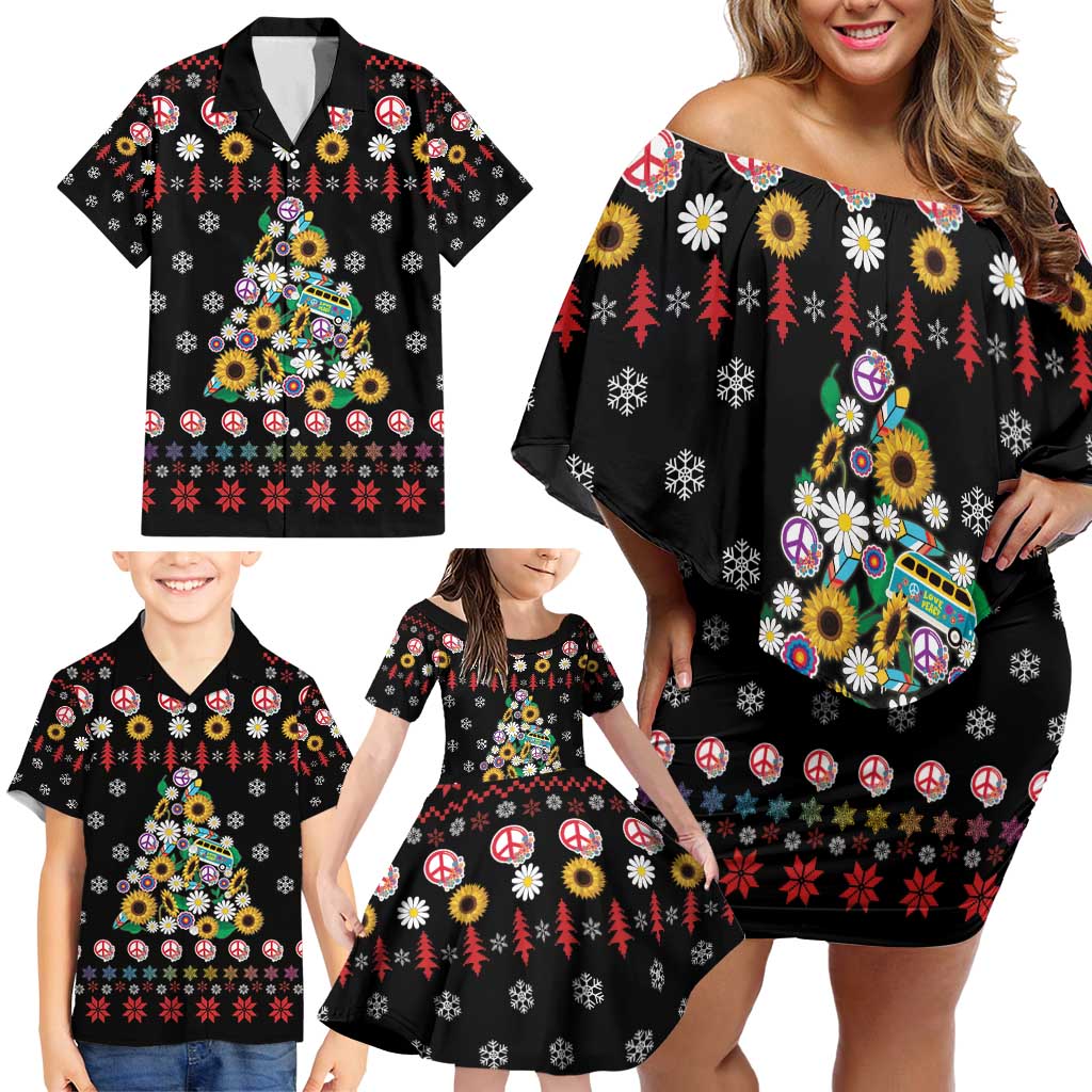 Hippie Xmas Family Matching Off Shoulder Short Dress and Hawaiian Shirt Hippie Flower Christmas Tree - Wonder Print Shop