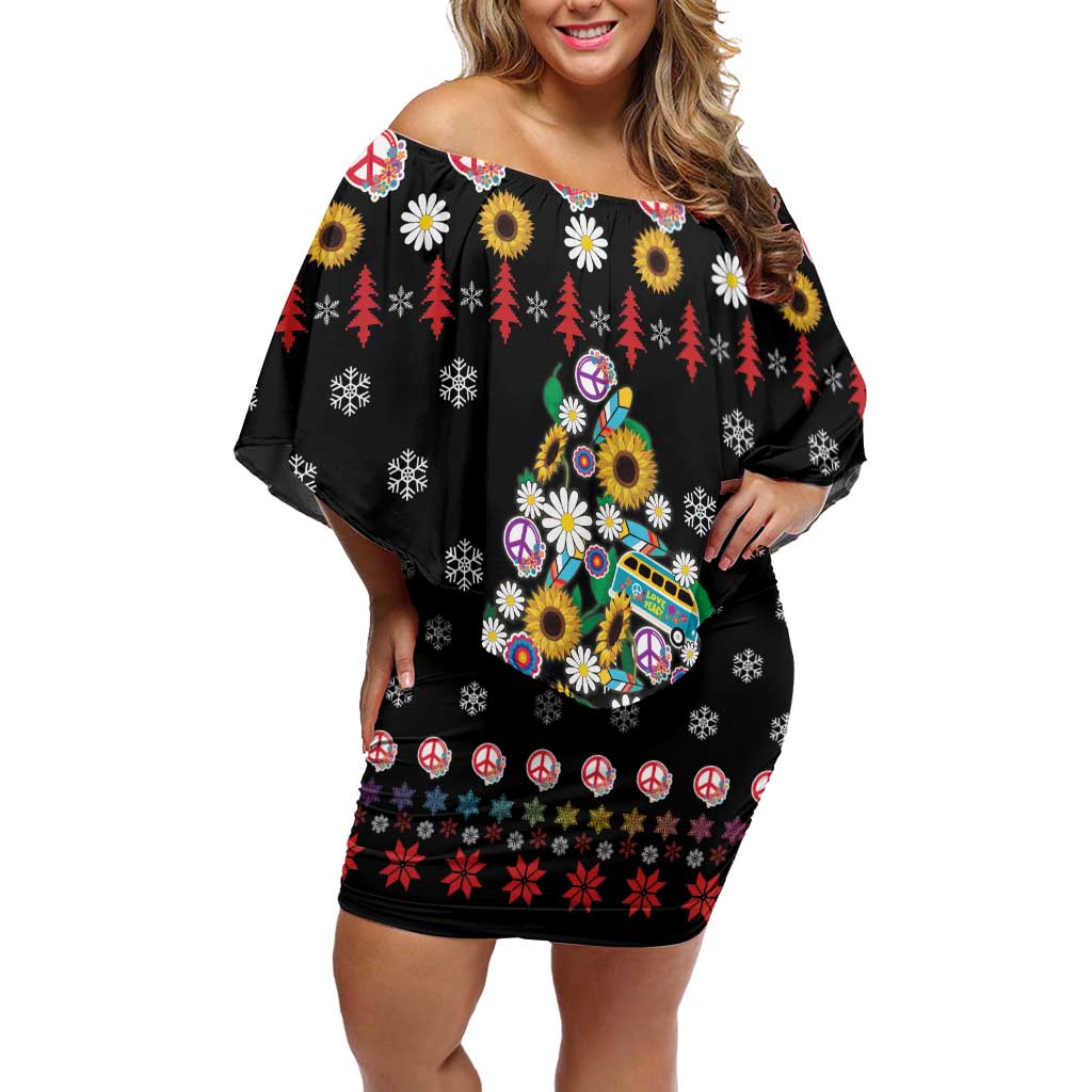 Hippie Xmas Family Matching Off Shoulder Short Dress and Hawaiian Shirt Hippie Flower Christmas Tree - Wonder Print Shop