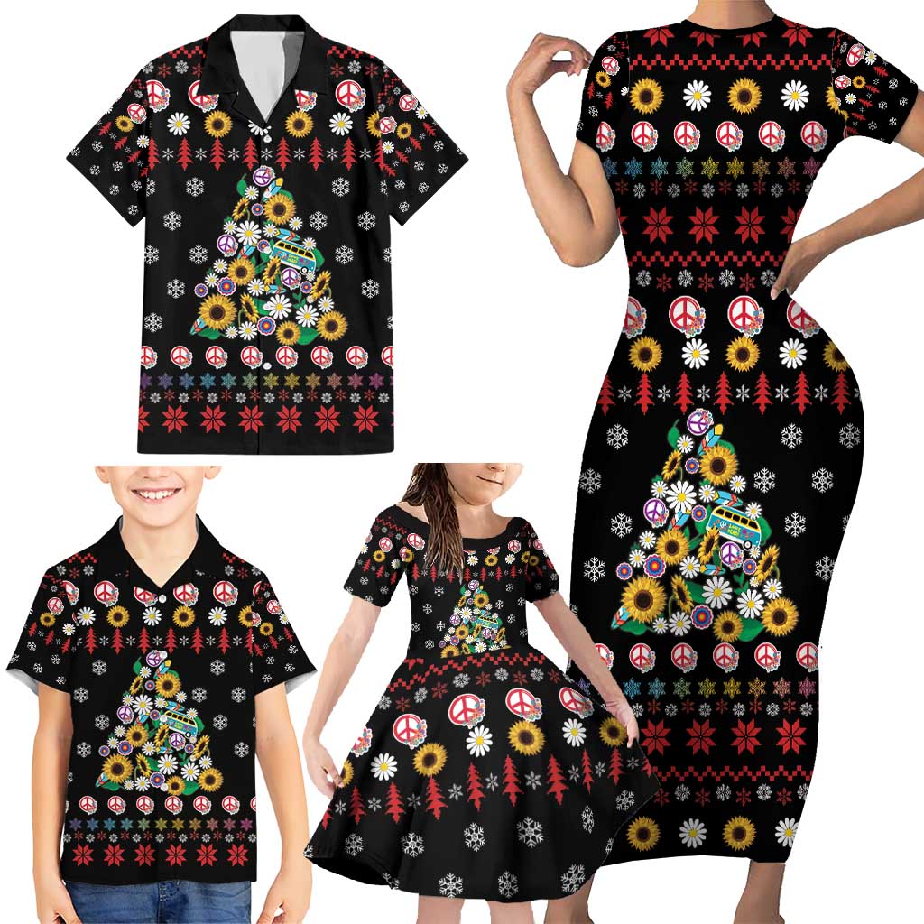 Hippie Xmas Family Matching Short Sleeve Bodycon Dress and Hawaiian Shirt Hippie Flower Christmas Tree - Wonder Print Shop