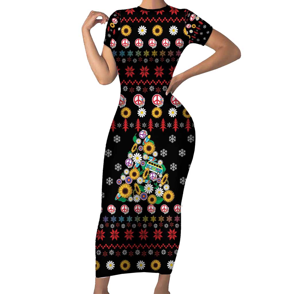 Hippie Xmas Family Matching Short Sleeve Bodycon Dress and Hawaiian Shirt Hippie Flower Christmas Tree - Wonder Print Shop