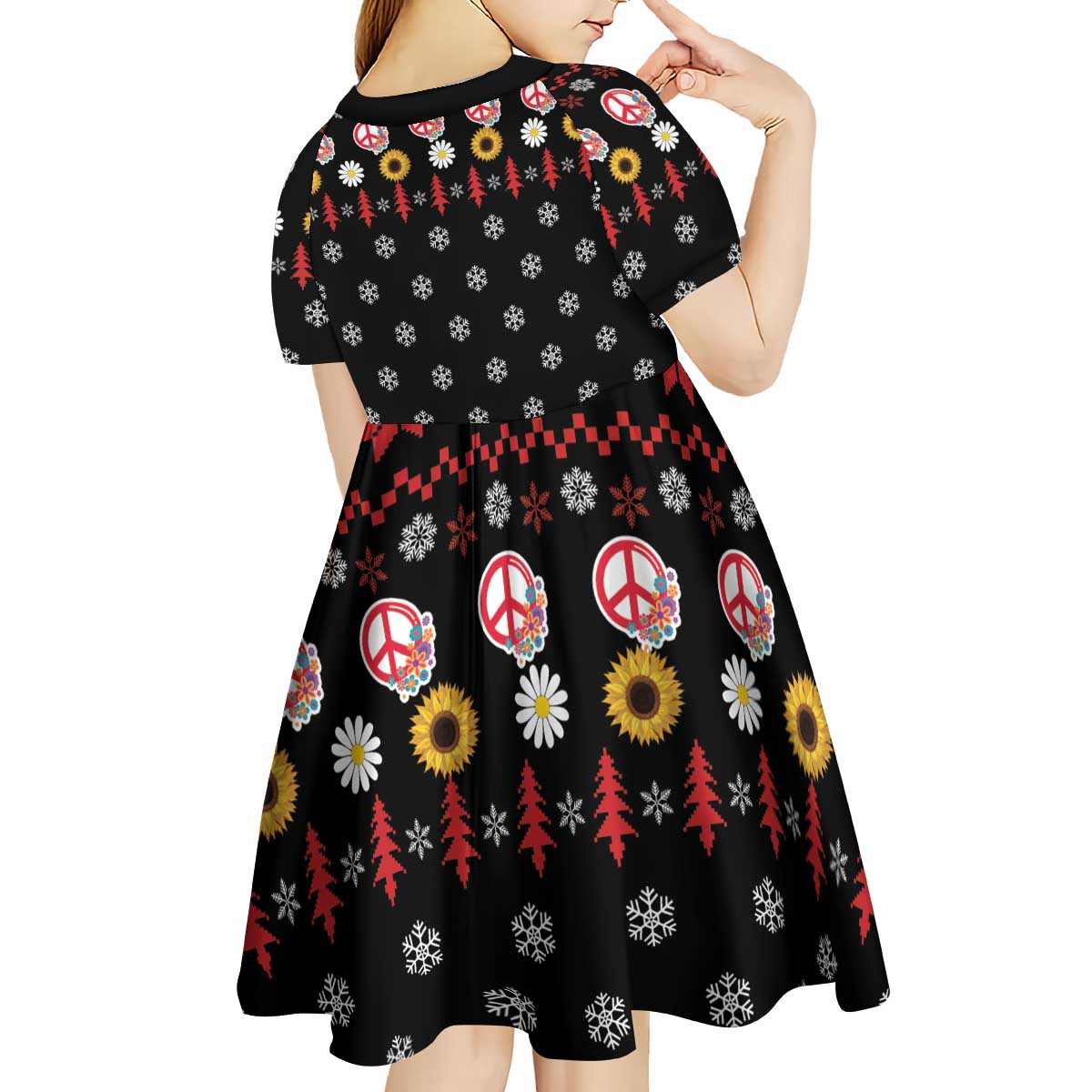 Hippie Xmas Kid Short Sleeve Dress Hippie Flower Christmas Tree - Wonder Print Shop