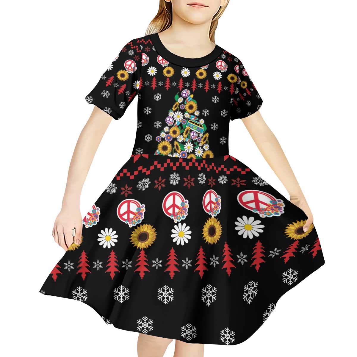 Hippie Xmas Kid Short Sleeve Dress Hippie Flower Christmas Tree - Wonder Print Shop