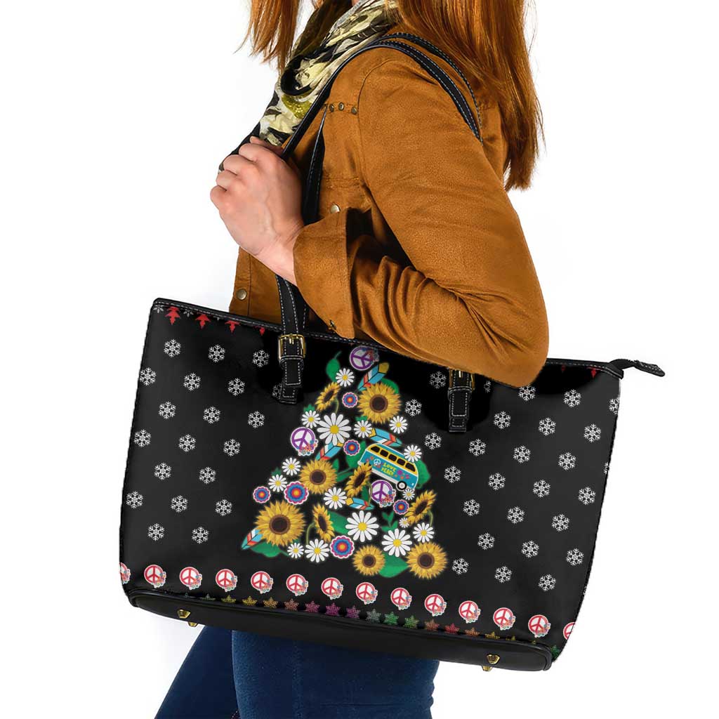 Hippie Xmas Leather Tote Bag Hippie Flower Christmas Tree - Wonder Print Shop