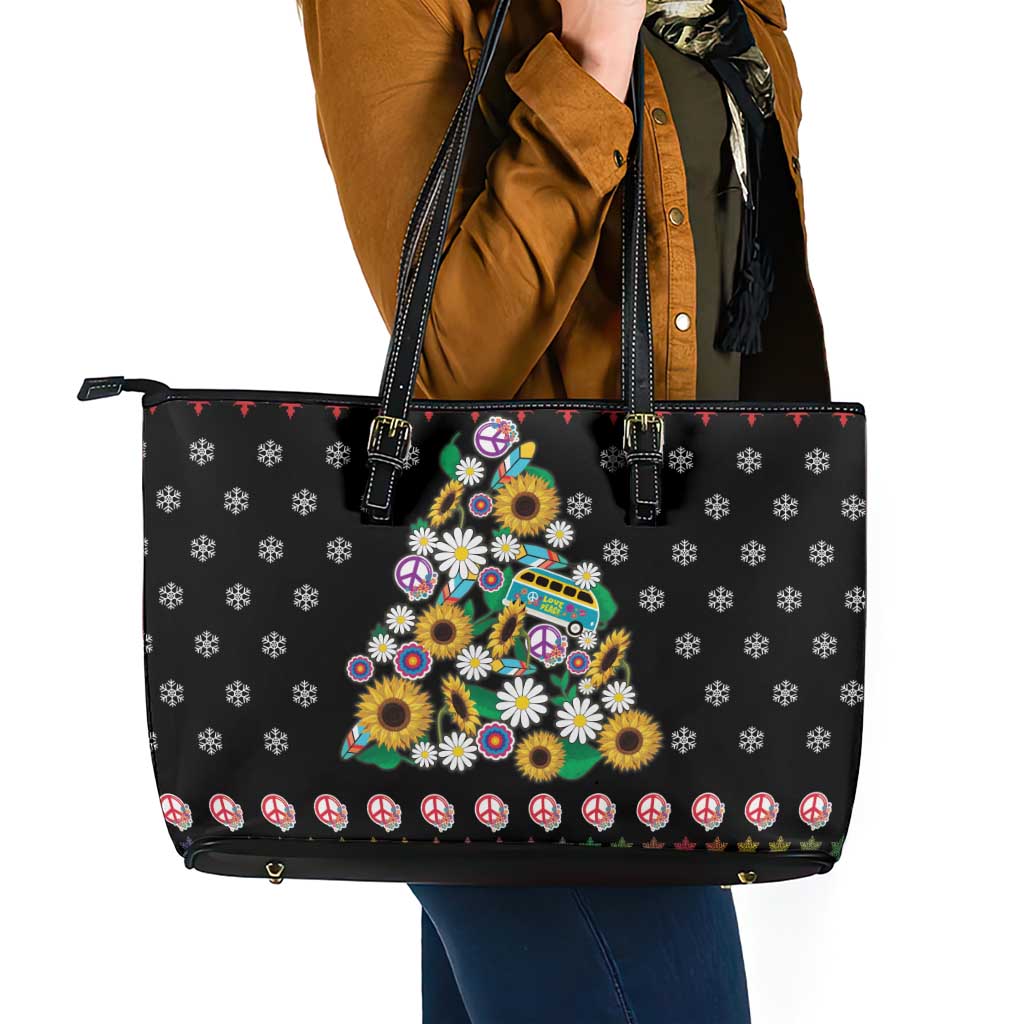 Hippie Xmas Leather Tote Bag Hippie Flower Christmas Tree - Wonder Print Shop
