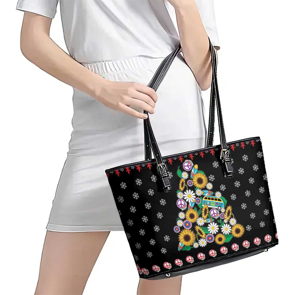 Hippie Xmas Leather Tote Bag Hippie Flower Christmas Tree - Wonder Print Shop