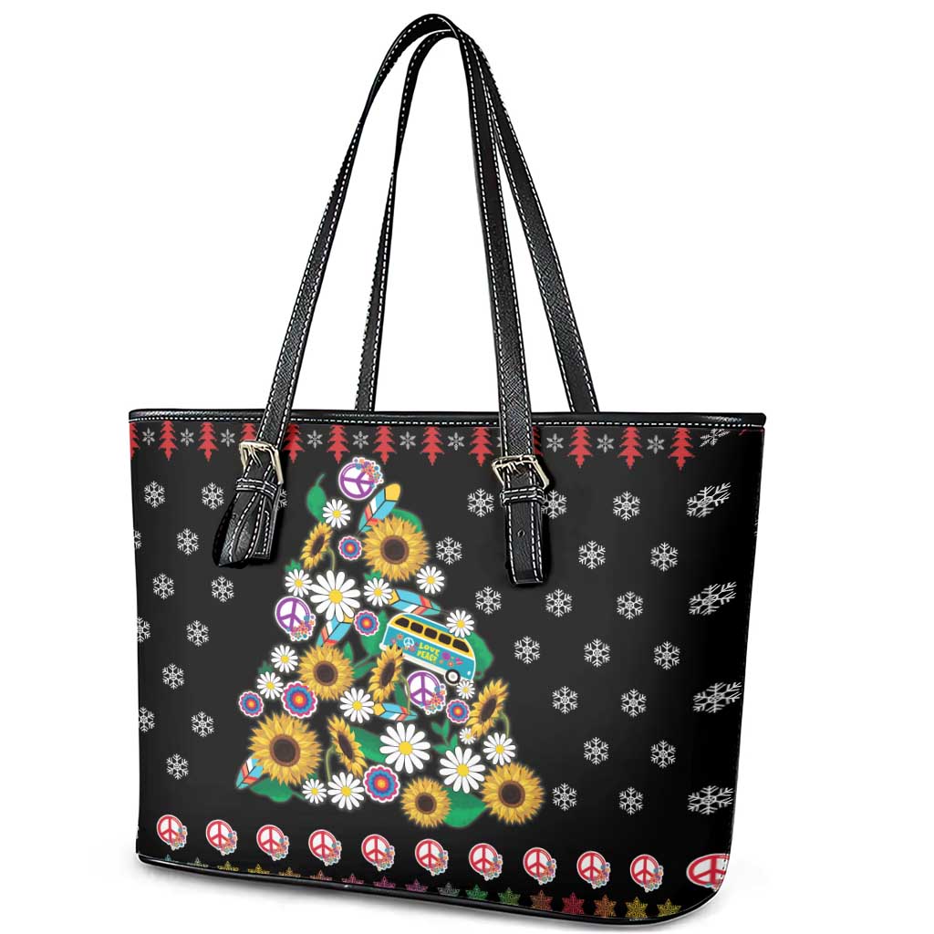 Hippie Xmas Leather Tote Bag Hippie Flower Christmas Tree - Wonder Print Shop
