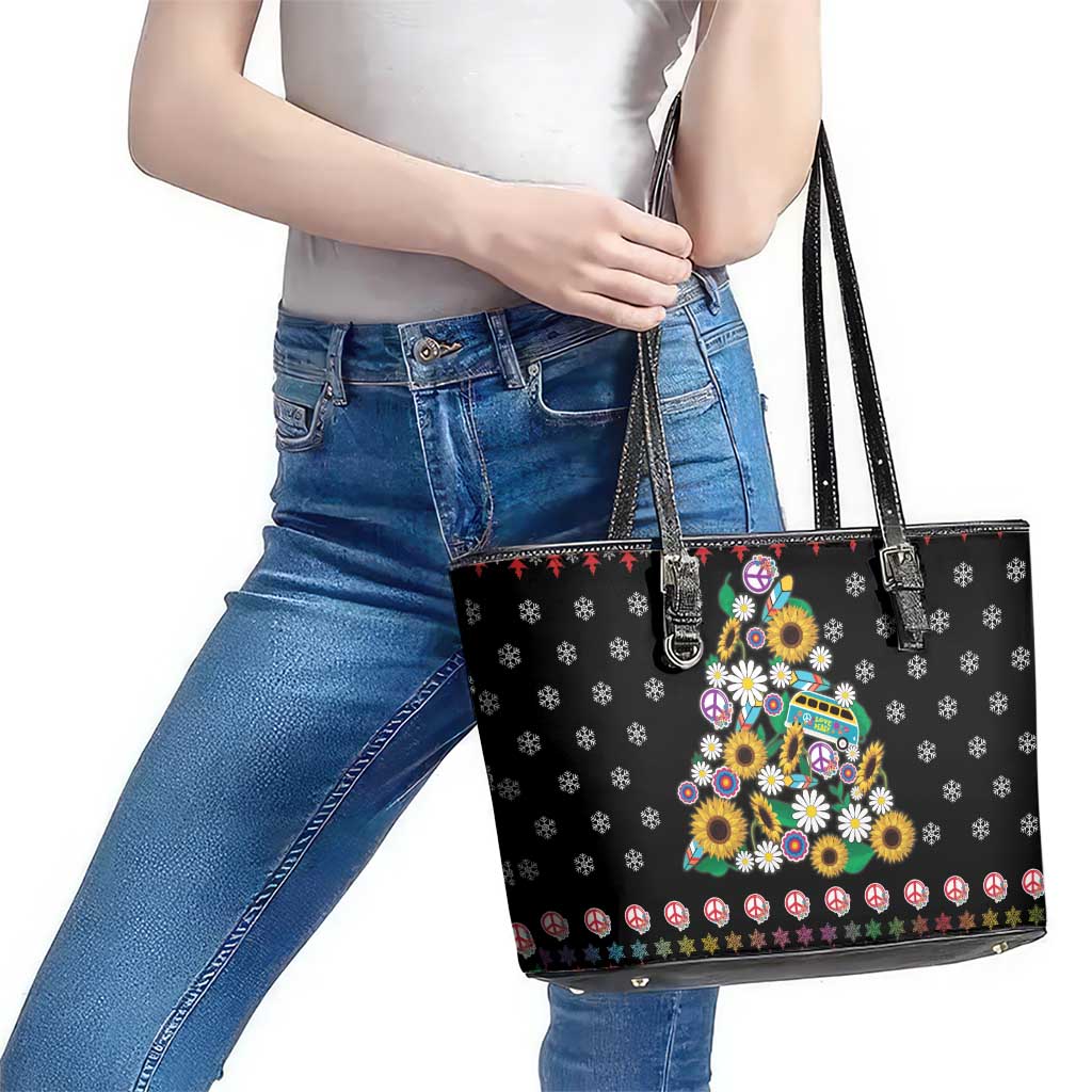 Hippie Xmas Leather Tote Bag Hippie Flower Christmas Tree - Wonder Print Shop