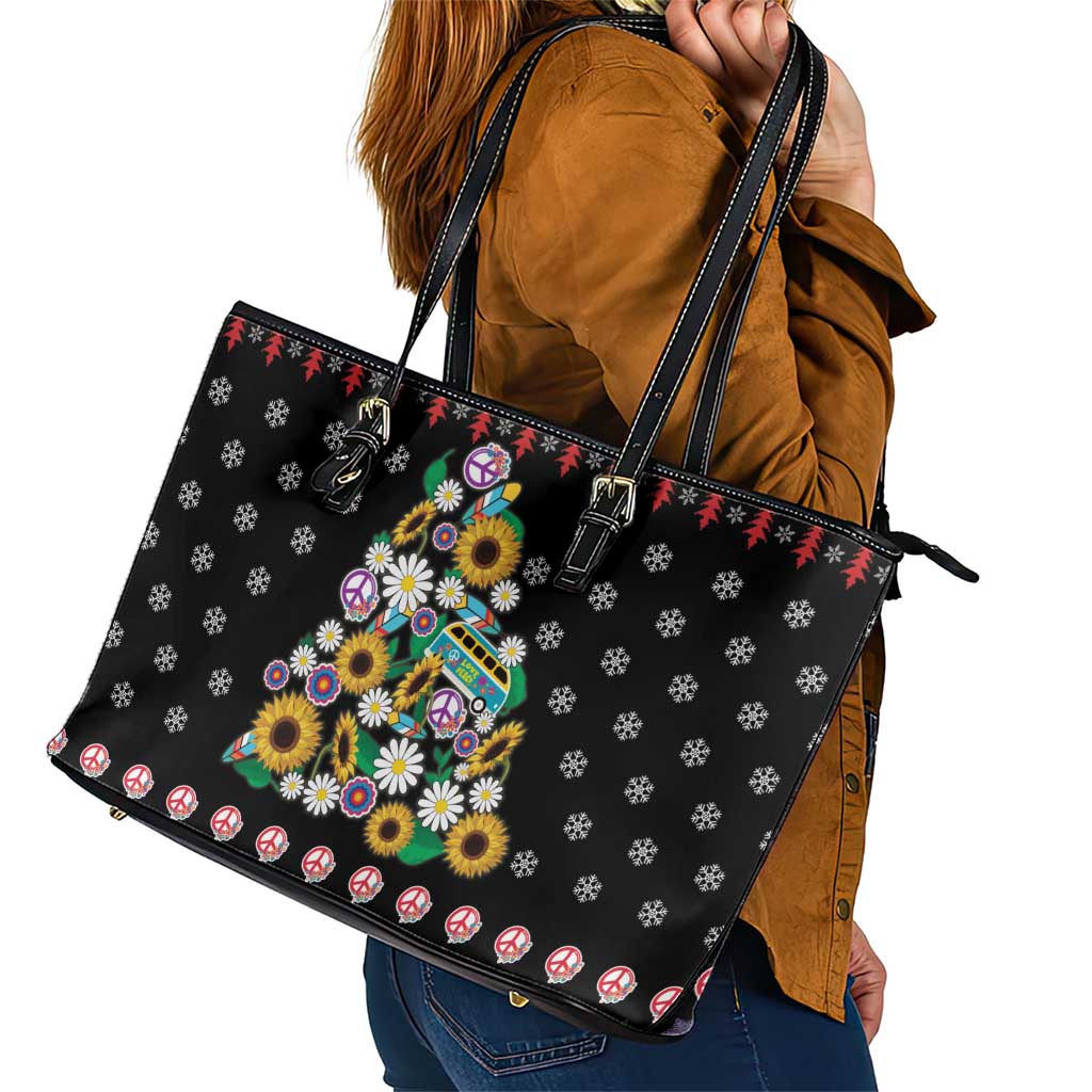 Hippie Xmas Leather Tote Bag Hippie Flower Christmas Tree - Wonder Print Shop