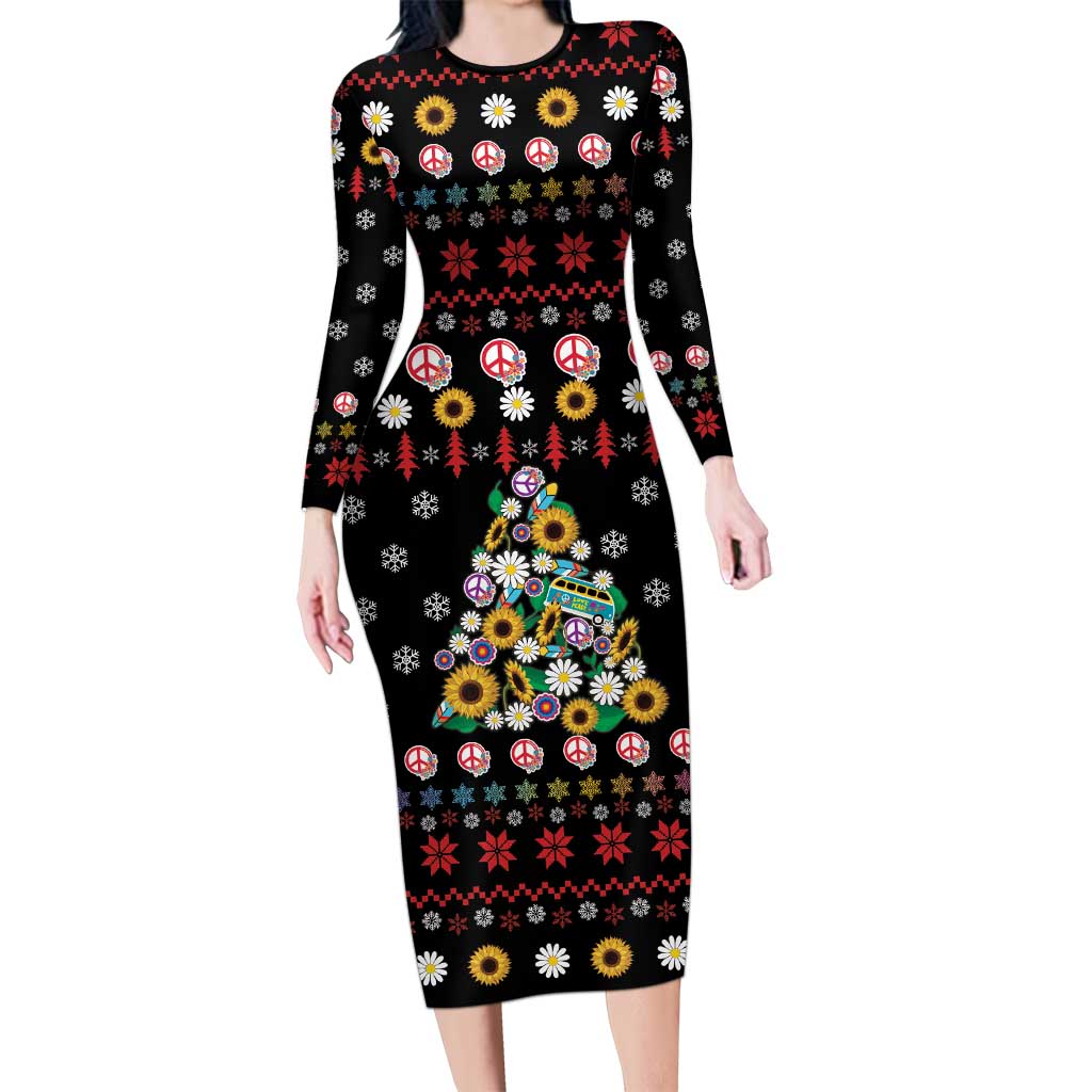 Hippie Xmas Long Sleeve Bodycon Dress Hippie Flower Christmas Tree - Wonder Print Shop