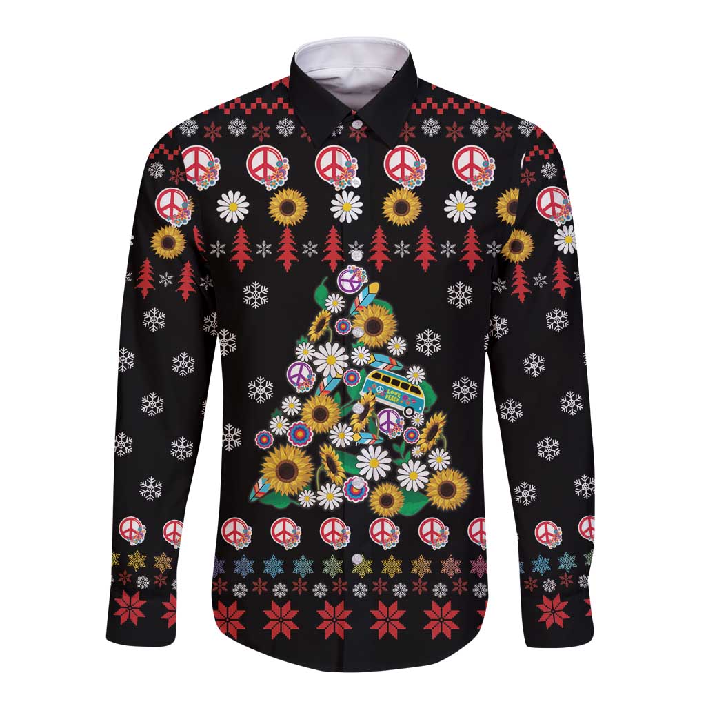 Hippie Xmas Long Sleeve Button Shirt Hippie Flower Christmas Tree - Wonder Print Shop