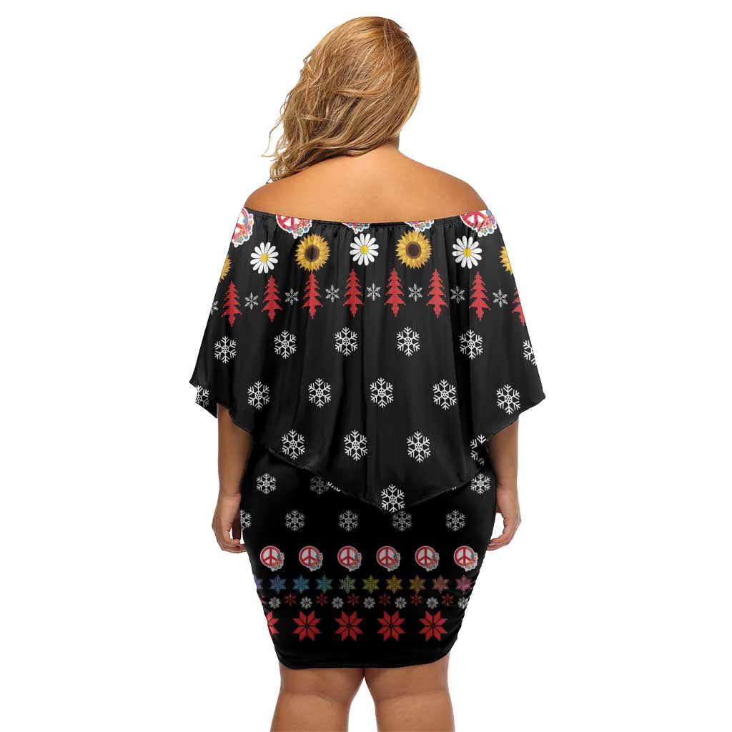 Hippie Xmas Off Shoulder Short Dress Hippie Flower Christmas Tree - Wonder Print Shop