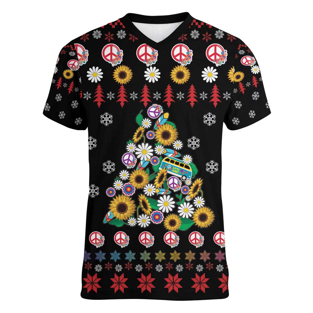 Hippie Xmas Women V-Neck T-Shirt Hippie Flower Christmas Tree - Wonder Print Shop