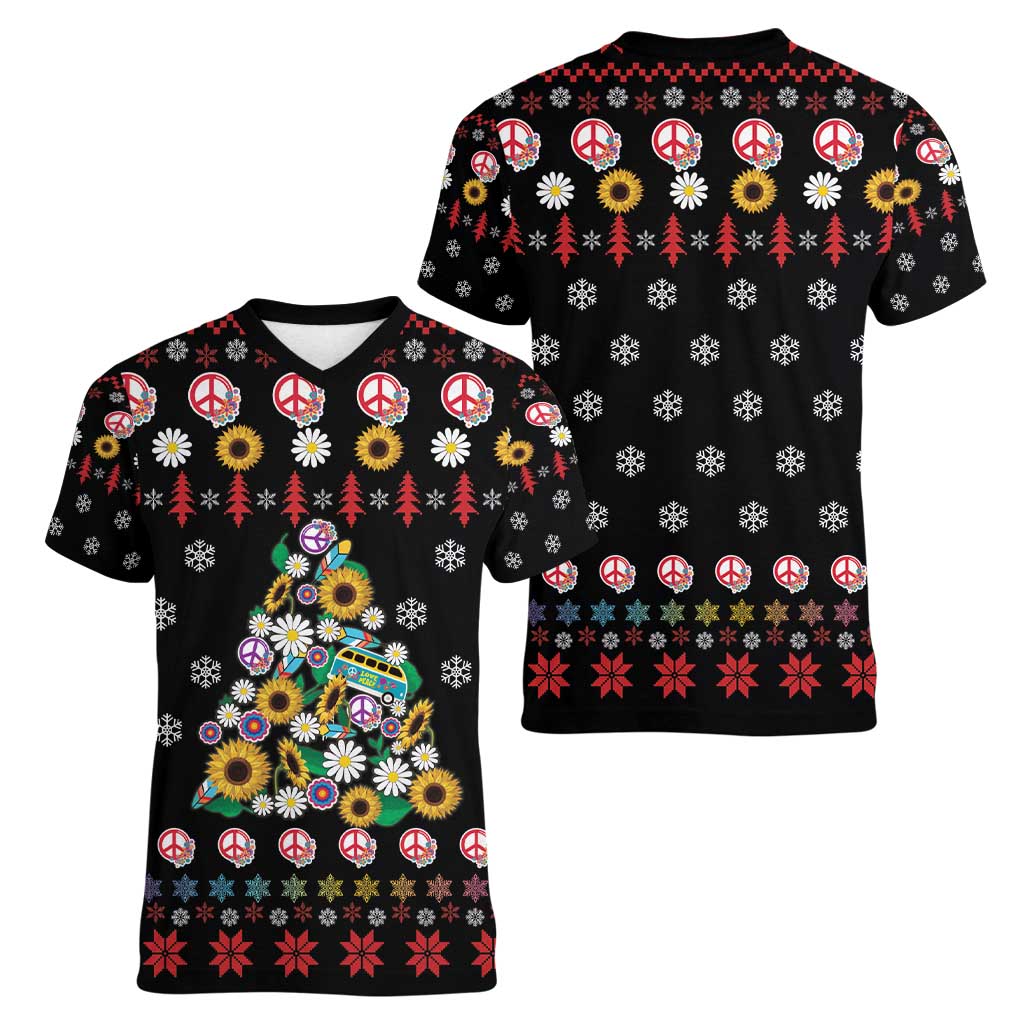Hippie Xmas Women V-Neck T-Shirt Hippie Flower Christmas Tree - Wonder Print Shop