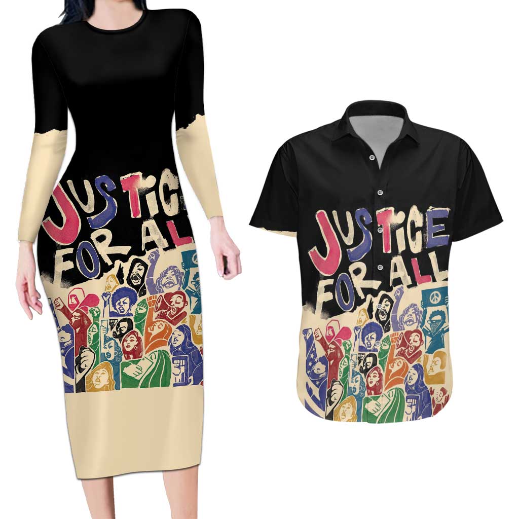 African Stand Firm Justice Now Couples Matching Long Sleeve Bodycon Dress and Hawaiian Shirt