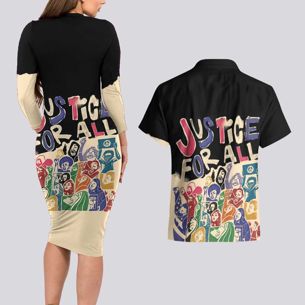 African Stand Firm Justice Now Couples Matching Long Sleeve Bodycon Dress and Hawaiian Shirt